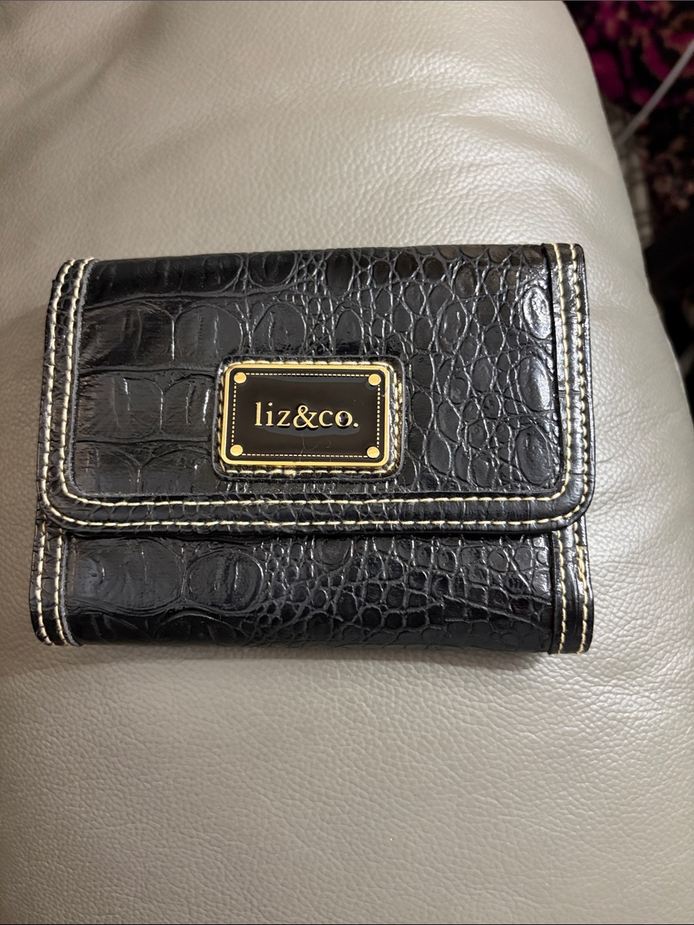 liz & co. Black Croc-Embossed Compact Wallet with Gold Trim